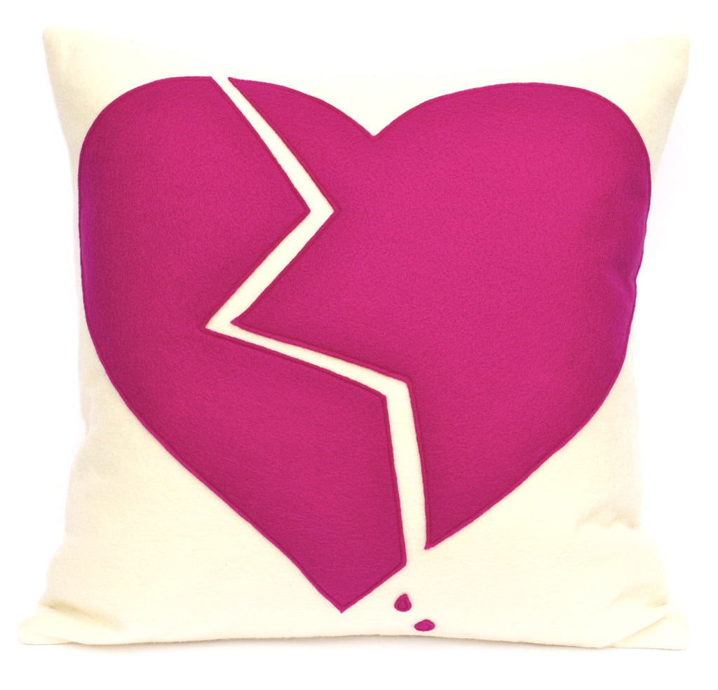 Broken Heart Pillow Cover Shocking Pink on Antique White 18 inches - Studio Arethusa
