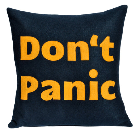Don't Panic Pillow Cover Gold on Navy Blue- 18 inches - Studio Arethusa
 - 1