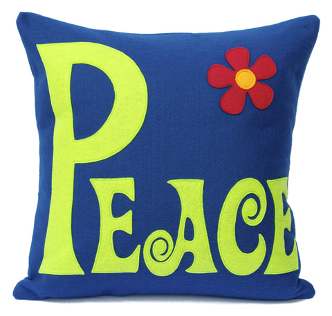 Groovy Peace Appliqued Eco-Felt Pillow Cover Navy and Green - 18 inch Pillow Cover - Studio Arethusa
 - 1