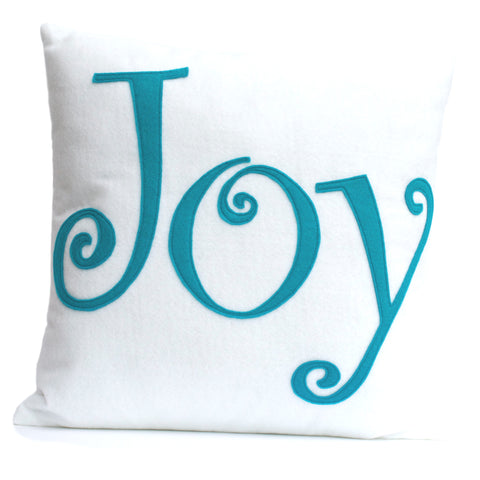 Joy - Appliqued Eco-Felt Pillow Cover in White and Peacock - 18 inches - Studio Arethusa
 - 1