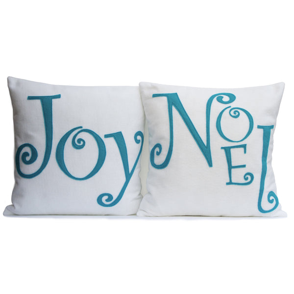 Joy - Appliqued Eco-Felt Pillow Cover in White and Peacock - 18 inches - Studio Arethusa
 - 2