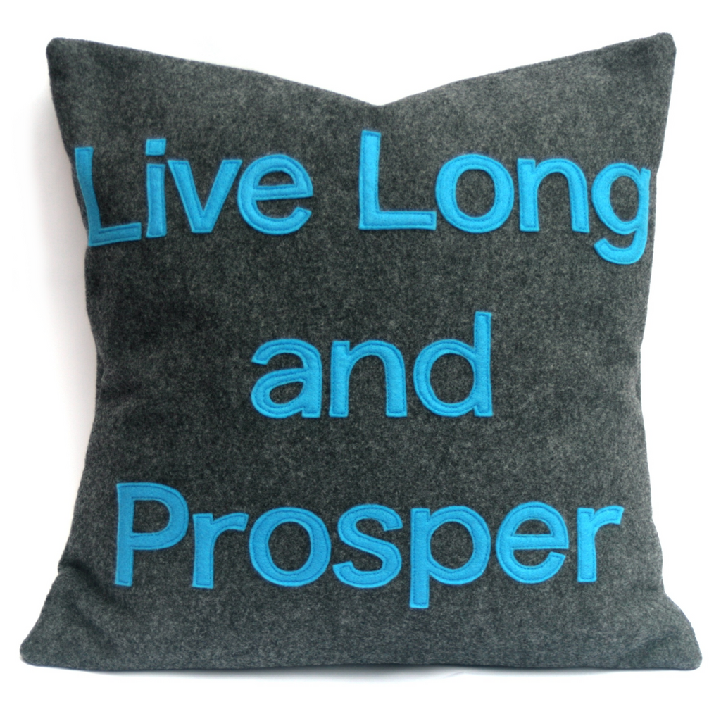 Live Long and Prosper- Star Trek Pillow Cover in Charcoal Gray and Science Blue Eco Felt- 18 inches - Studio Arethusa
 - 1