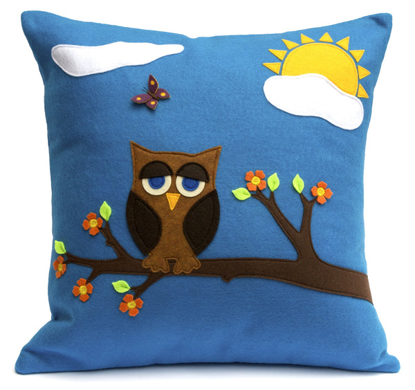 Little Owl in Springtime - Appliqued Eco-Felt Pillow Cover - 18 inches - Studio Arethusa
 - 1