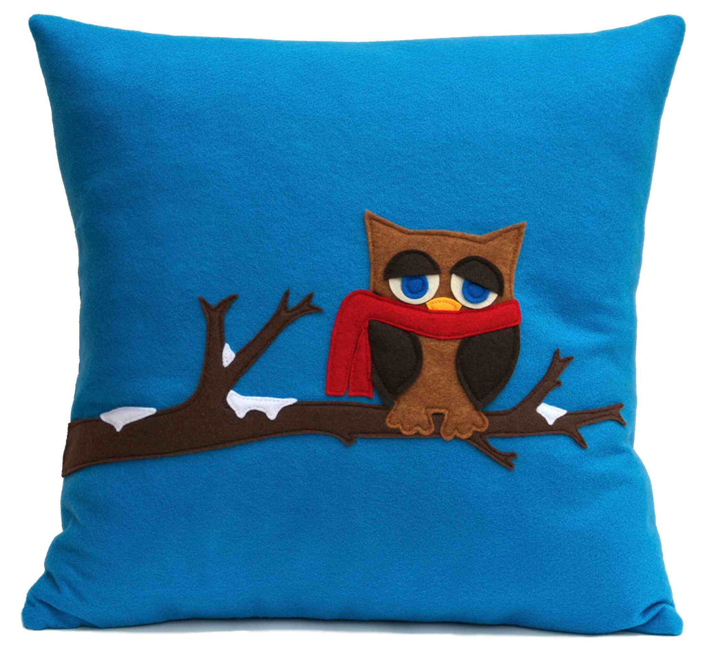 Little Owl in Winter- Appliqued Pillow Cover Blue Eco-Felt - 18 inches - Studio Arethusa
 - 1