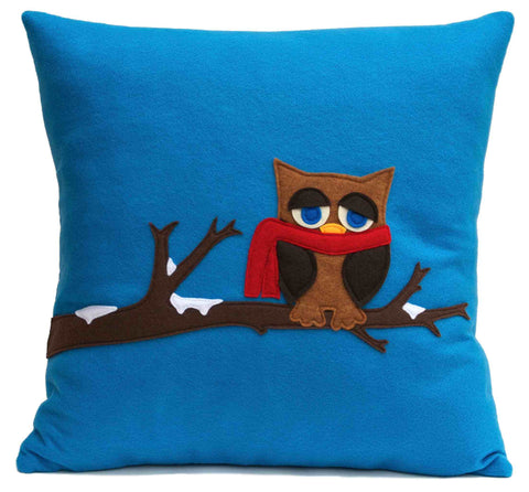 Little Owl in Winter- Appliqued Pillow Cover Blue Eco-Felt - 18 inches - Studio Arethusa
 - 1