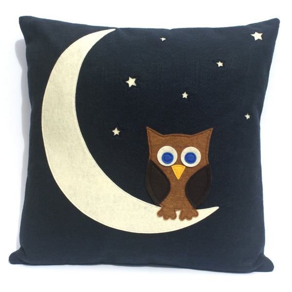 Little Owl Made it to The Moon Throw Pillow Cover - Navy Blue Eco-Felt  - 18 inches - Studio Arethusa
 - 1