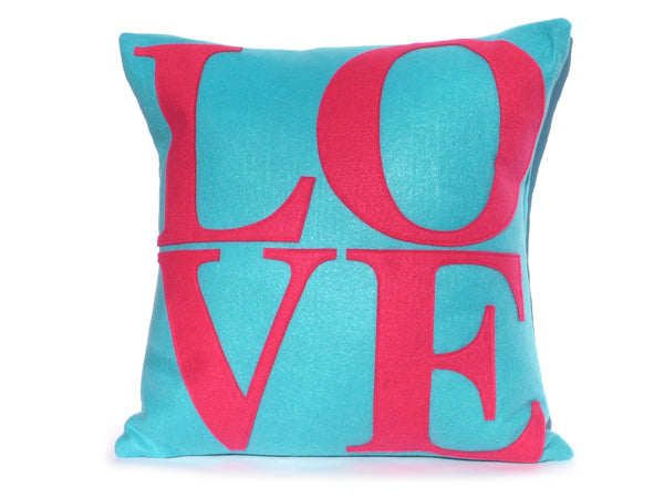 Midcentury Mod Love pillow cover in pink and teal by Studio Arethusa
