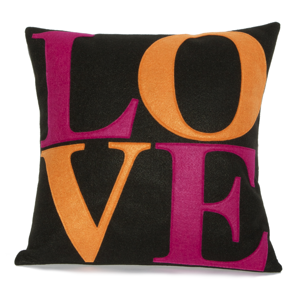 LOVE Pillow Cover Fuchsia and Orange on Black 18 inches - Mod Home Decor - Studio Arethusa

