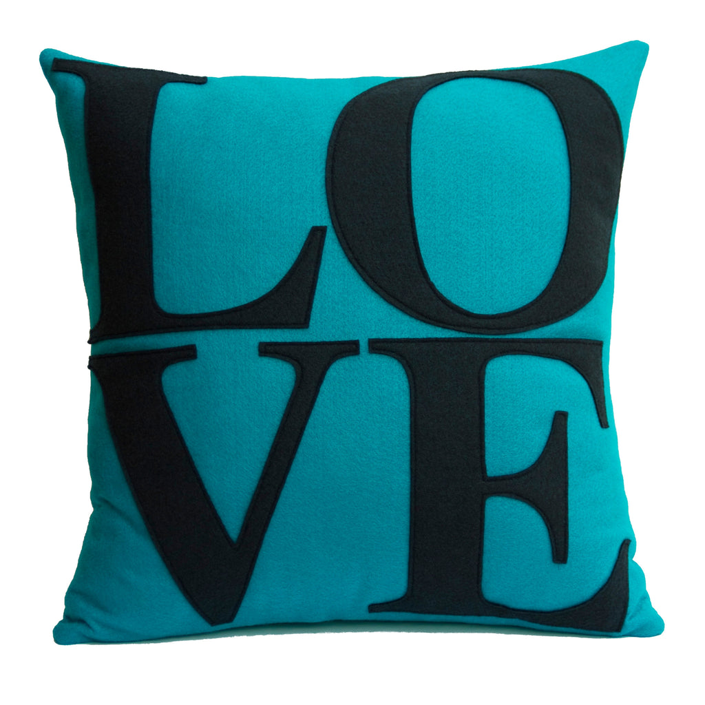 LOVE Pillow Cover Turquoise and Navy - 18 inches - Studio Arethusa
