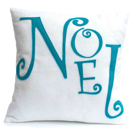 Noel - Appliqued Eco-Felt Throw Pillow Cover in Peacock and White - 18 inches - Studio Arethusa
 - 1