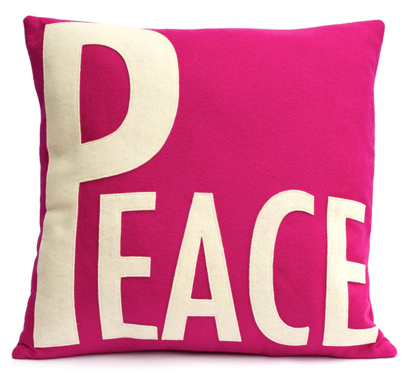 Peace Throw Pillow Cover Antique White on Fuchsia - 18 inches - Studio Arethusa
 - 1