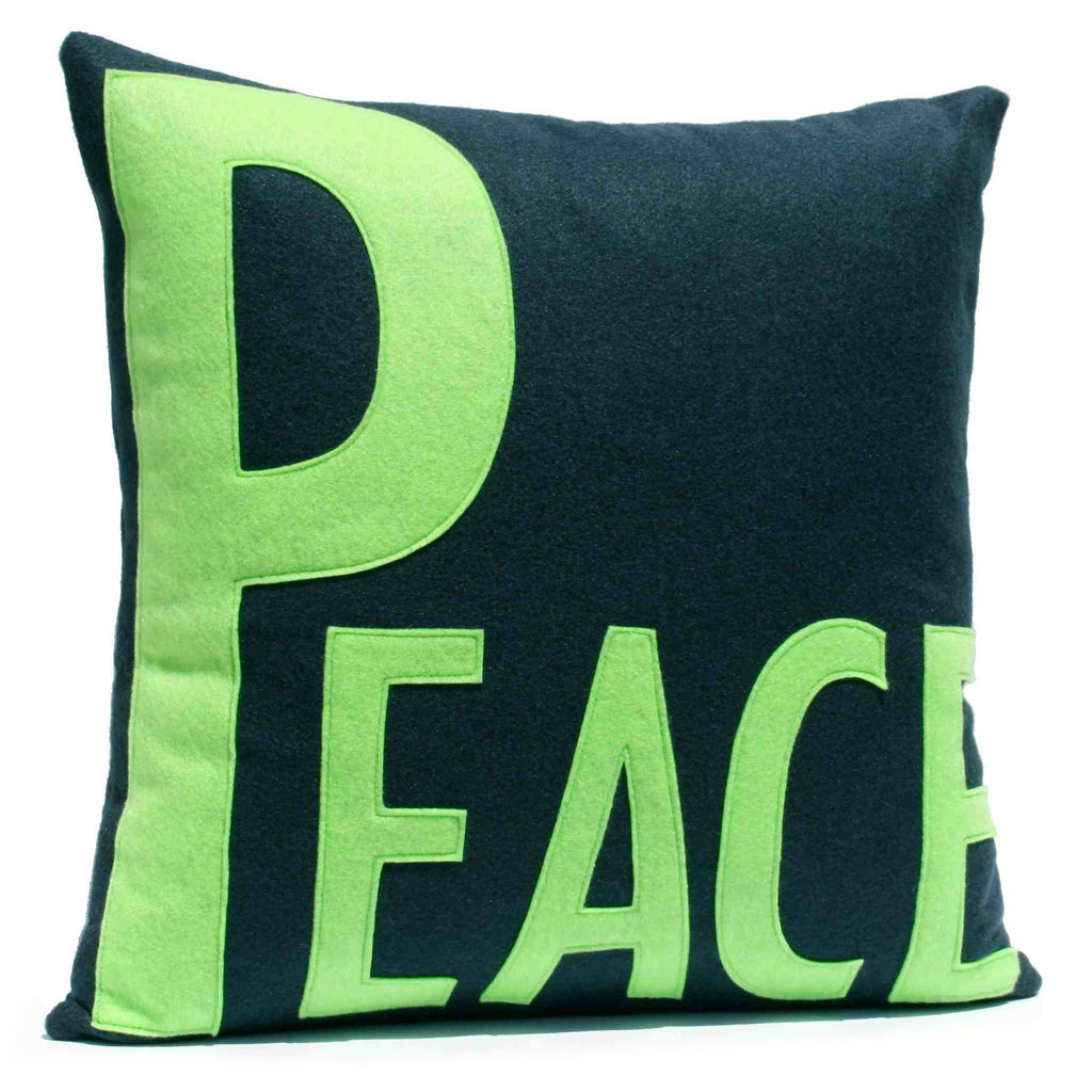 Peace Appliqued Eco-Felt Pillow Cover Navy and Green - 18 inch Pillow Cover - Studio Arethusa

