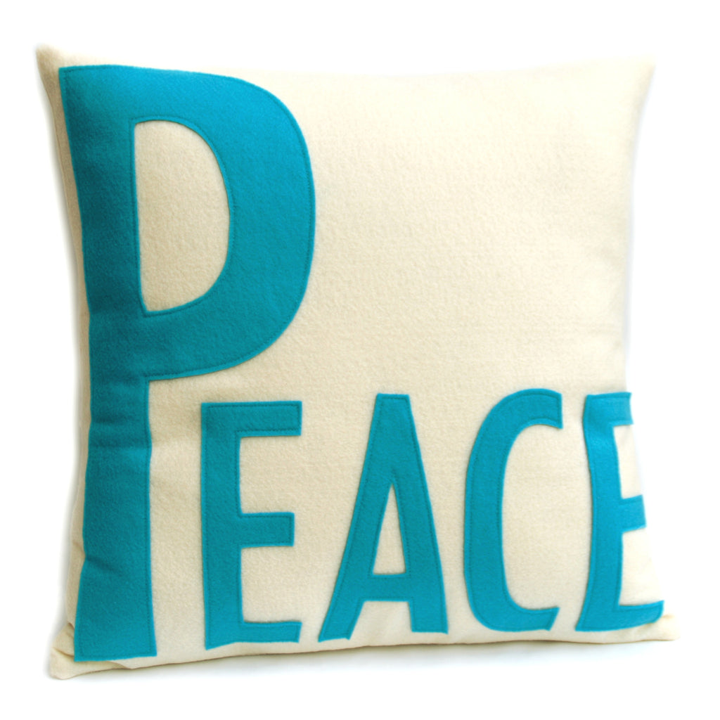 Peace Appliqued Eco-Felt Pillow Cover Peacock and Antique White - 18 inches - Studio Arethusa
