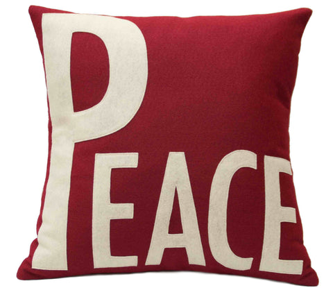 Peace Appliqued Eco-Felt Pillow Cover Ruby Red and Antique White - Studio Arethusa
