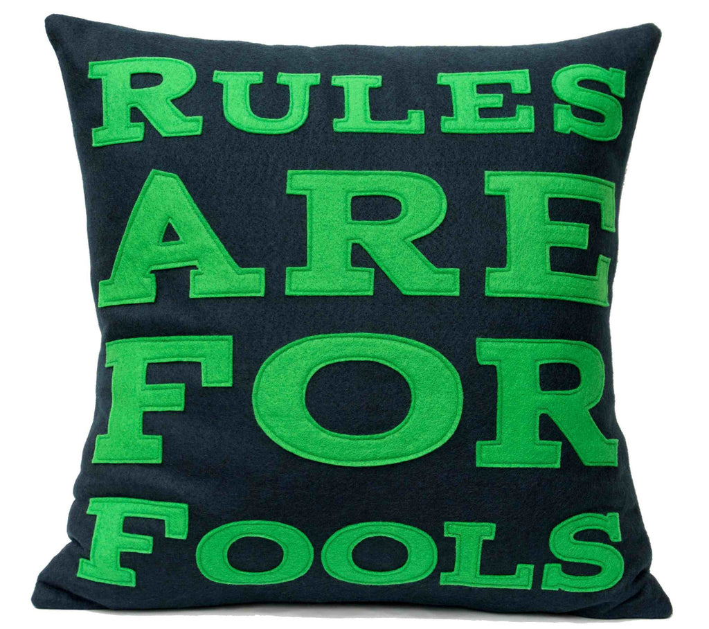 Rules-Are For Fools Appliqued Eco-Felt Pillow Cover  Navy and Green - 18 inches - Studio Arethusa
