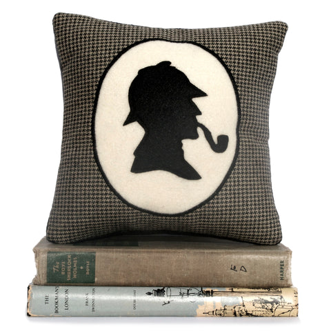 Sherlock Holmes Book Lovers Bookshelf Pillow Houndstooth Shadow Silhouette - Studio Arethusa
 - 1