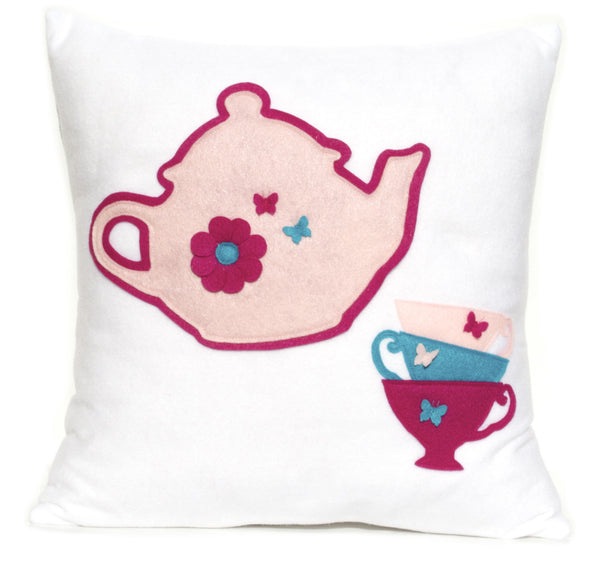 Tea Party Eco-Felt Pillow Cover - 18 inches - Baby Pink, Shocking Pink, and Turquoise - Studio Arethusa
 - 1