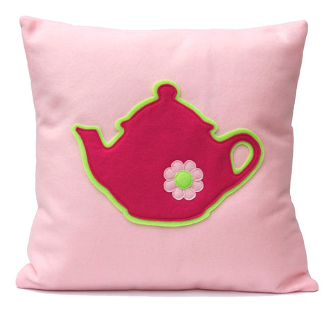 Pink Teapot Eco-Felt Pillow Cover - 18 inches - Baby Pink and Shocking Pink - Studio Arethusa
 - 1