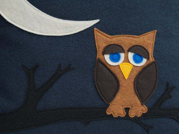 Little Owl Dreaming of Flying to The Moon and Back Eco-Felt Pillow Cover 18 inches - Navy Blue - Studio Arethusa
 - 2