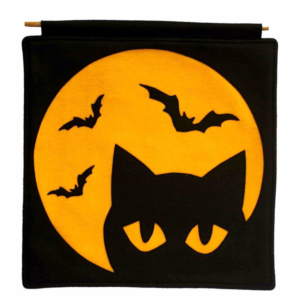 Black Cat and Bats under a Full Moon Eco Felt Banner - Studio Arethusa
