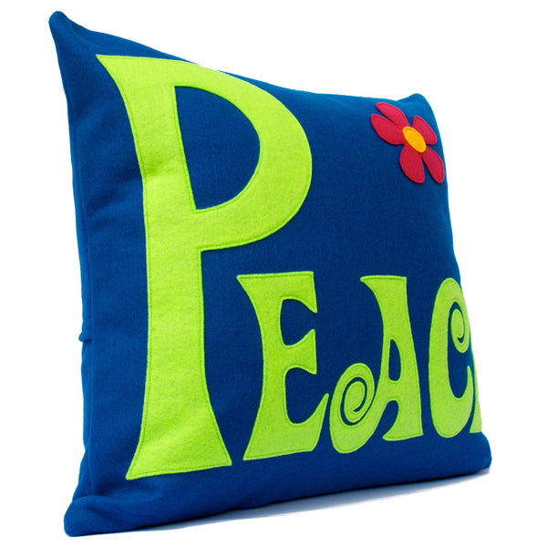 Groovy Peace Appliqued Eco-Felt Pillow Cover Navy and Green - 18 inch Pillow Cover - Studio Arethusa
 - 2