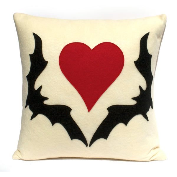 Bat Love Pillow Cover in Antique White with Black and Red - 18 inches - Studio Arethusa
 - 1